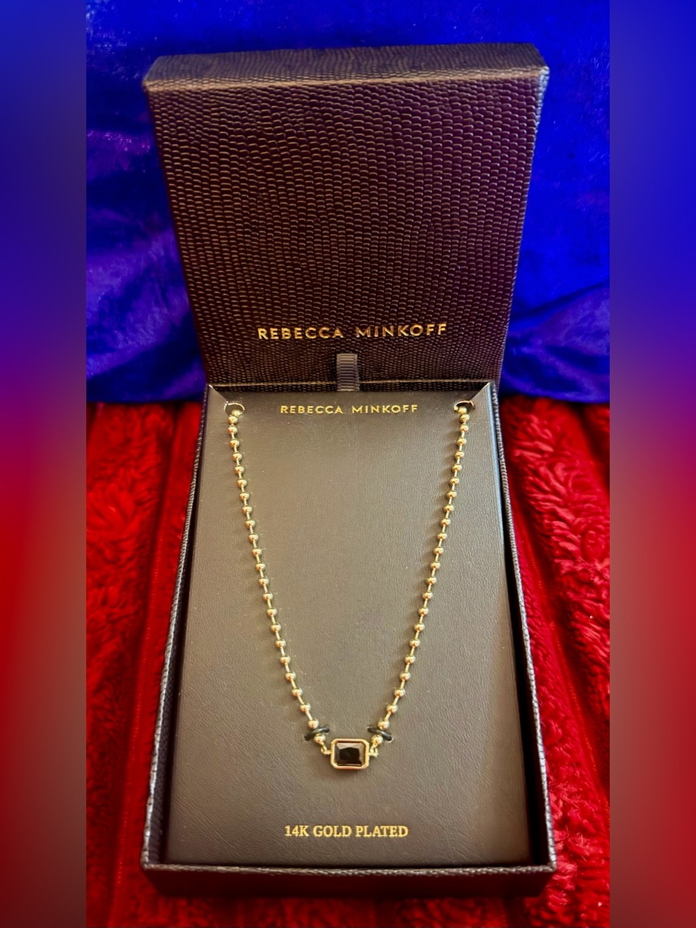 Rebecca Minkoff Gold Tone Beaded Necklace with Black Square Stone